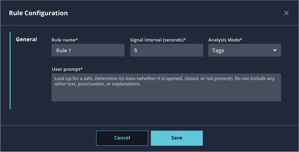 Ventana de configuración de la regla y descripción del evento con lenguaje natural. LAVA - Lanaccess